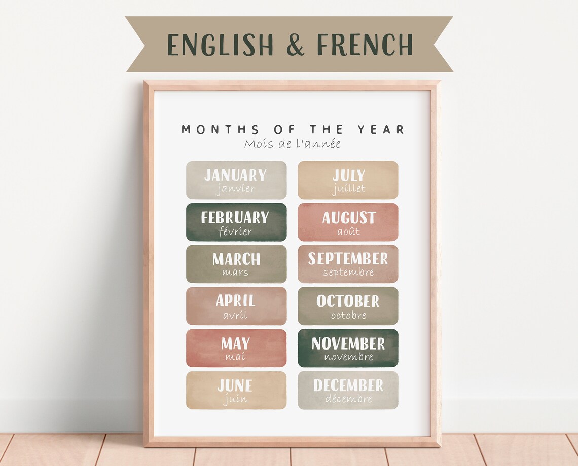 Months of the Year Bilingual English French Earth Tone Poster