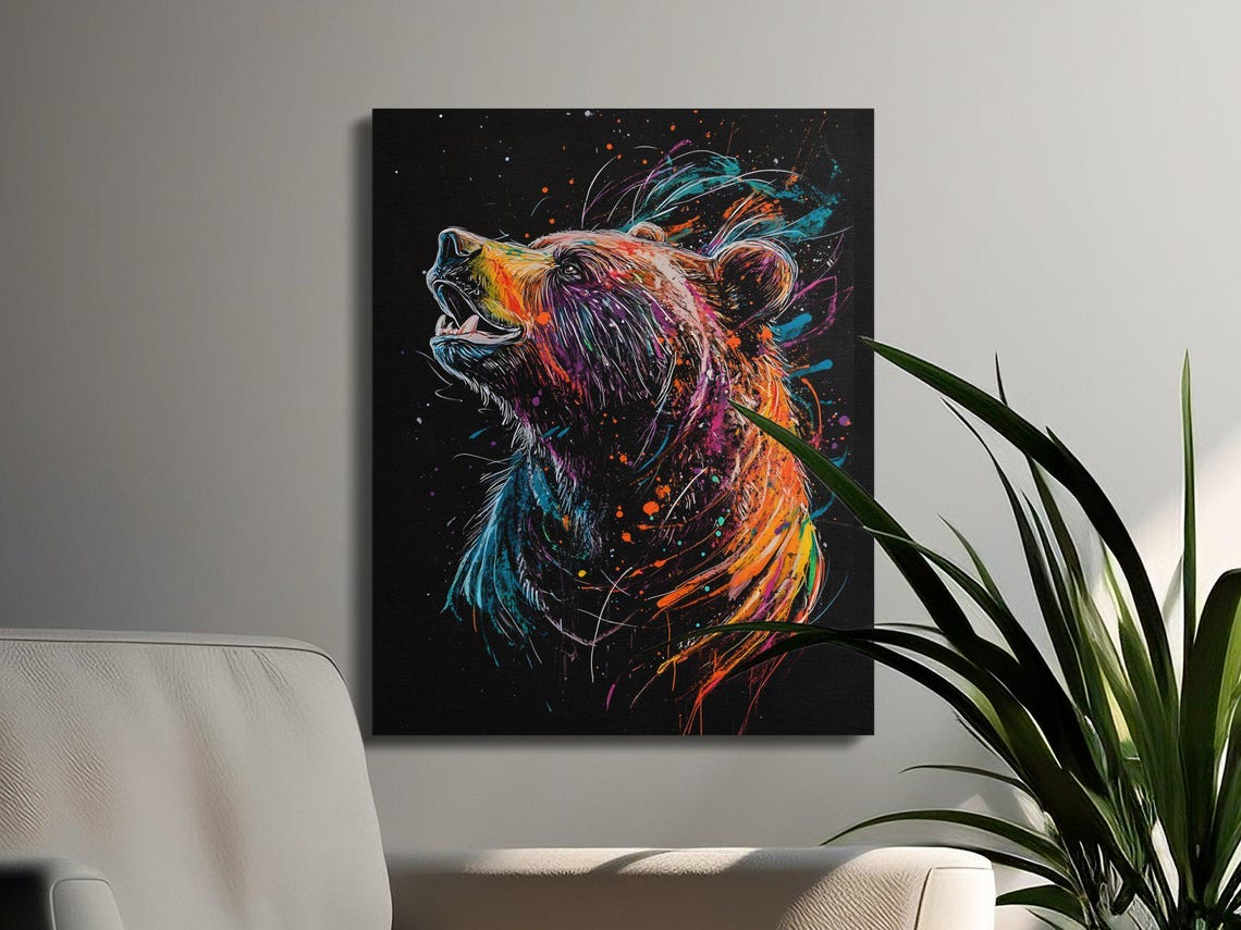 Colorful Bear Head Portrait Abstract Splash Art Canvas Wall Art - Image 3