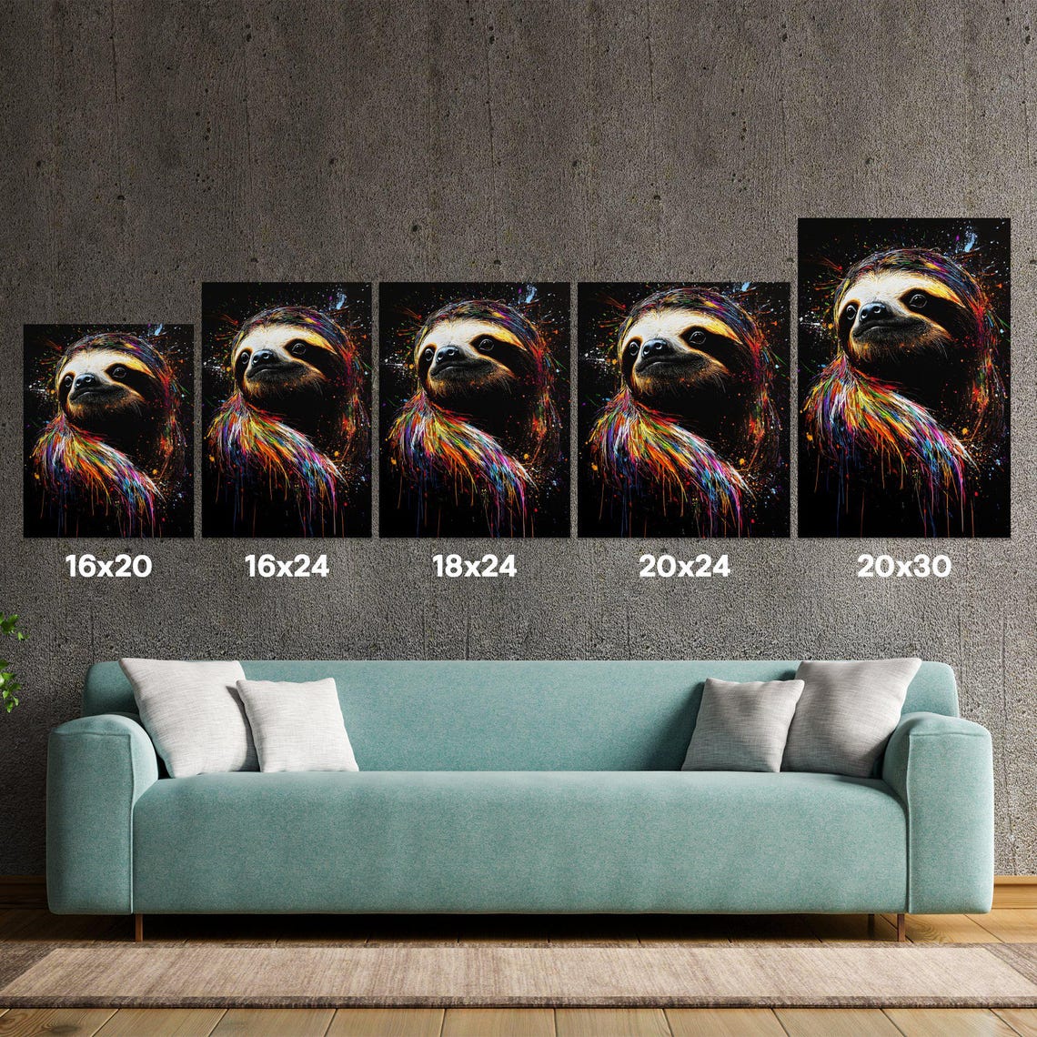 Smiling Sloth Portrait Paint Splash Black Canvas Wildlife Poster - Image 5