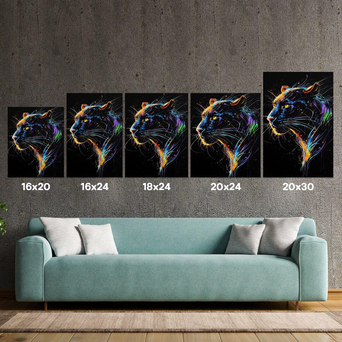 Black Panther Neon Splash Portrait Black Canvas Wildlife Poster - Image 5