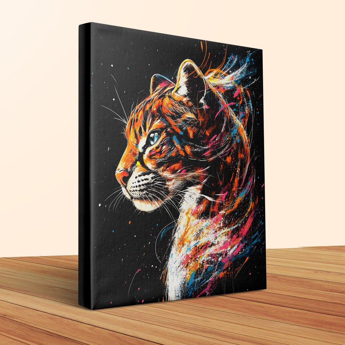 Striking Ocelot Profile Paint Splash Black Canvas Wild Cat Wall Art