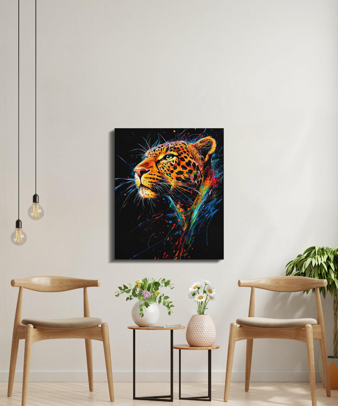 Colorful Leopard Portrait Splatter Paint Black Canvas Poster - Image 4