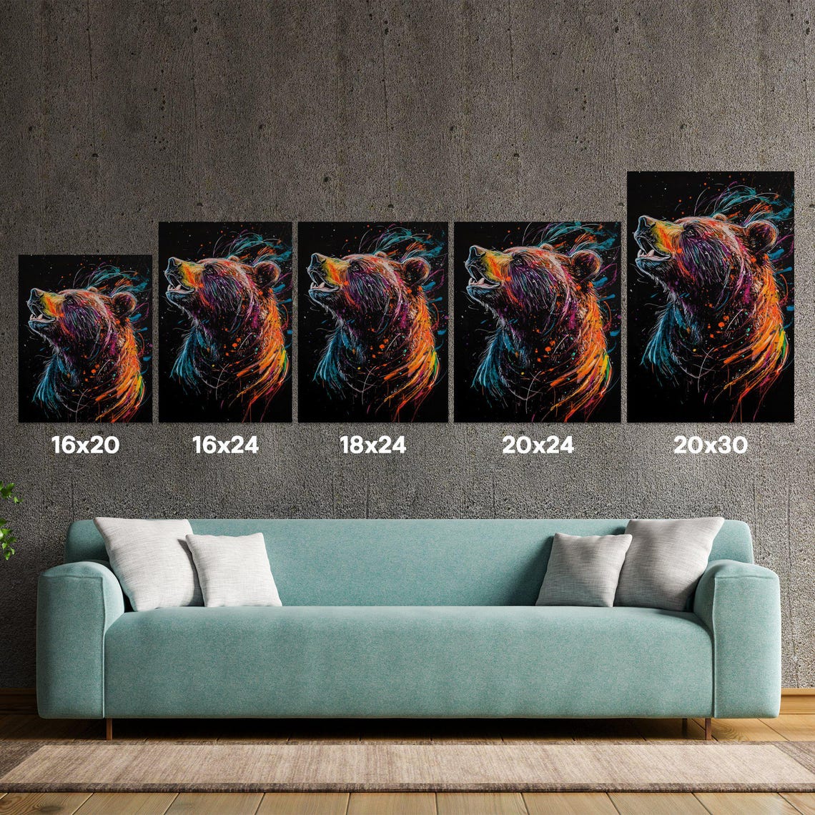 Colorful Bear Head Portrait Abstract Splash Art Canvas Wall Art - Image 5
