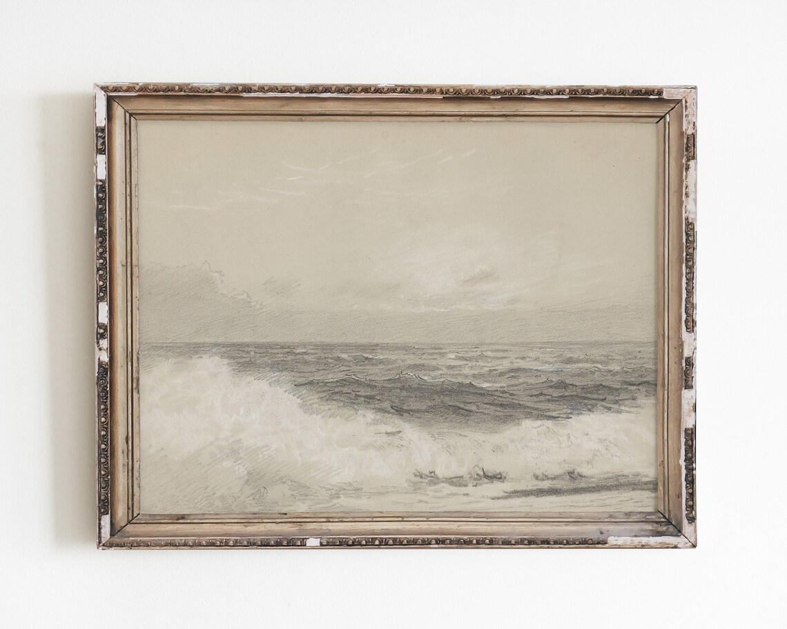 Muted Ocean Beach Landscape Art Print, Vintage Nautical