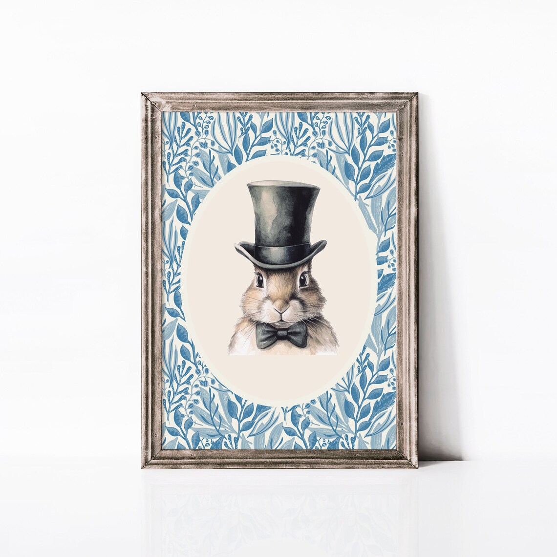 Rabbit with Top Hat and Bow Tie Watercolor Blue Floral Border Art Poster - Image 3