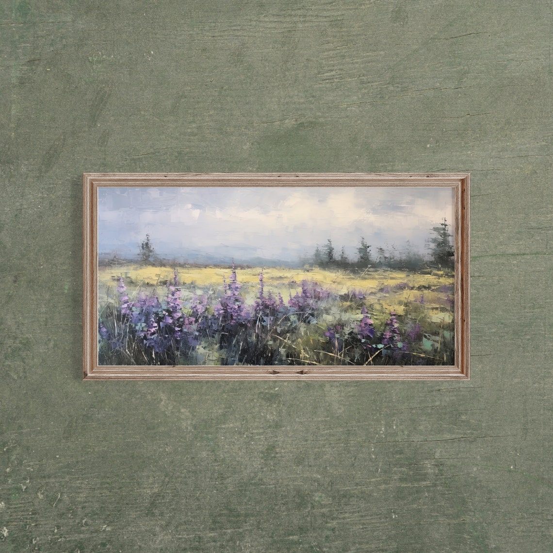 Panoramic Purple Wildflower Field With Misty Pines Vintage Poster - Image 2