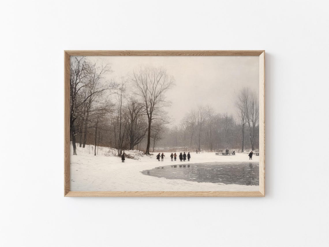 Frozen Pond Skaters In Snowy Park Bare Winter Trees Vintage Art Poster