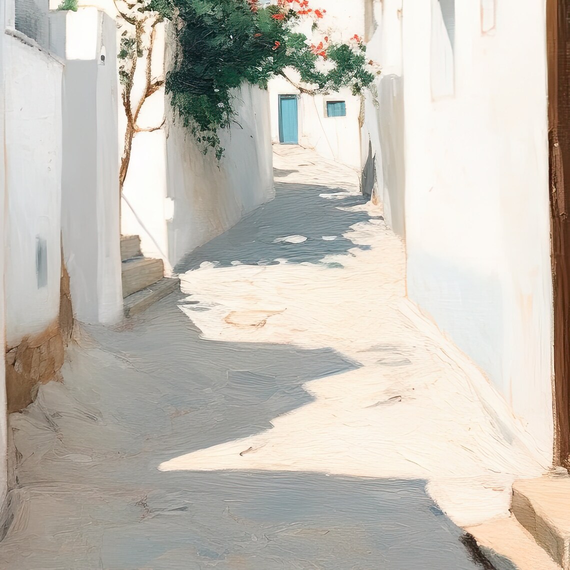 Santorini White Village Street With Bougainvillea Sunny Greek View Poster - Image 3