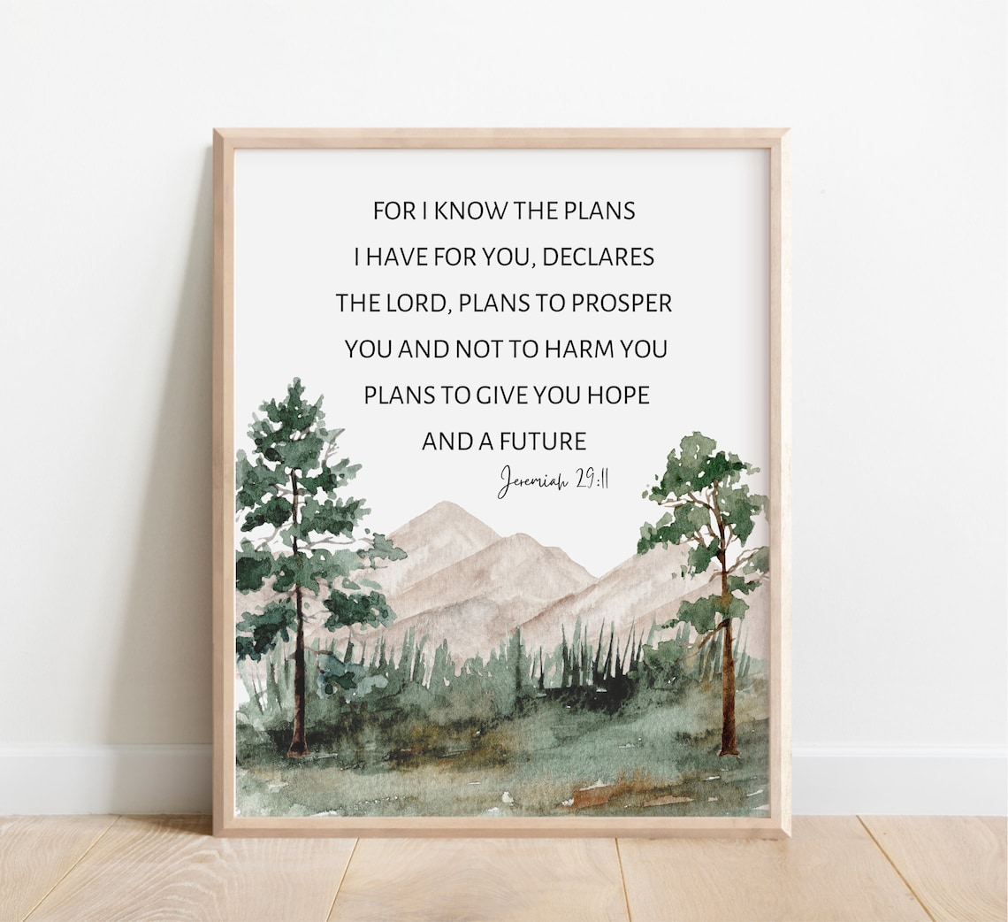 Jeremiah 29:11 Scripture Art Print, Watercolor Mountains
