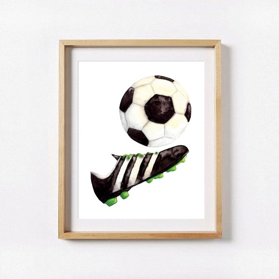 Soccer Wall Art Watercolor Sports Painting Ball Shoes Teen Boy Decor Black And White Professional Intramural League