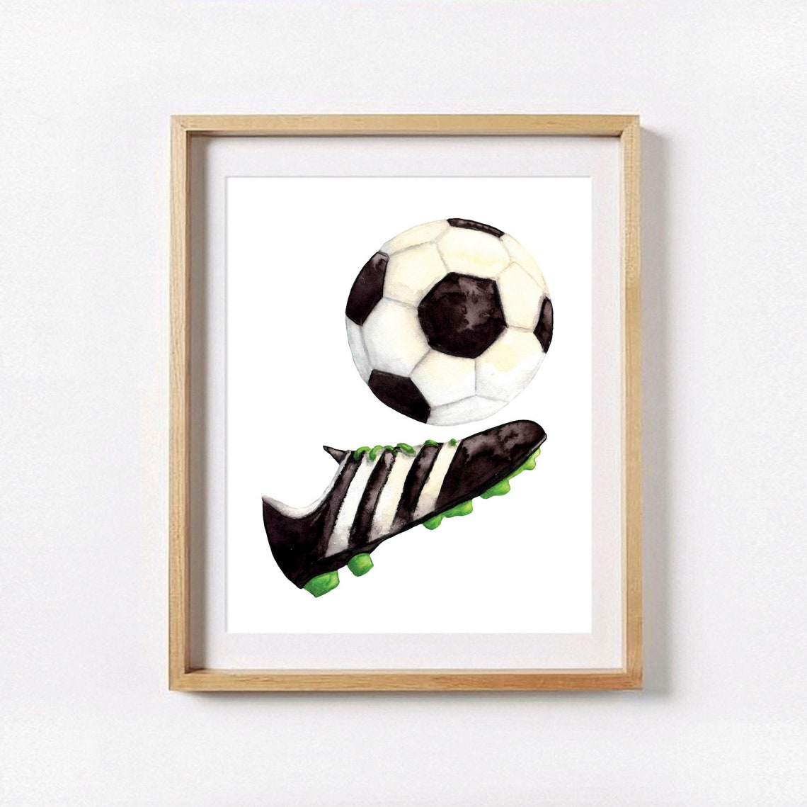 Soccer Wall Art Watercolor Sports Painting Ball Shoes Teen Boy Decor Black And White Professional Intramural League