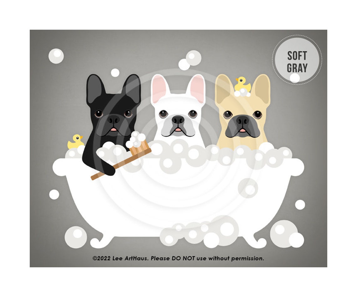 Three French Bulldogs Bubble Bath Teal Bathroom Cute Dog Art Poster - Image 3