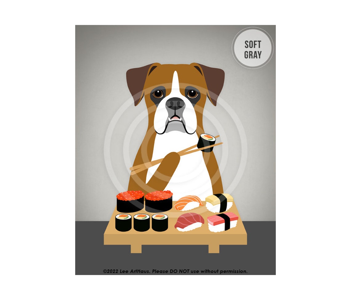 415dp Boxer Dog Eating Sushi Wall Art Boxer Dog Mom Gifts Sushi Art Prints Sushi Sign Dog Drawing Funny Animal Artwork Dog Art - Image 3