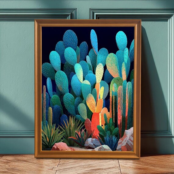 Teal Cactus Art Print Bright Botanical Poster Wood Framed Wall Decor