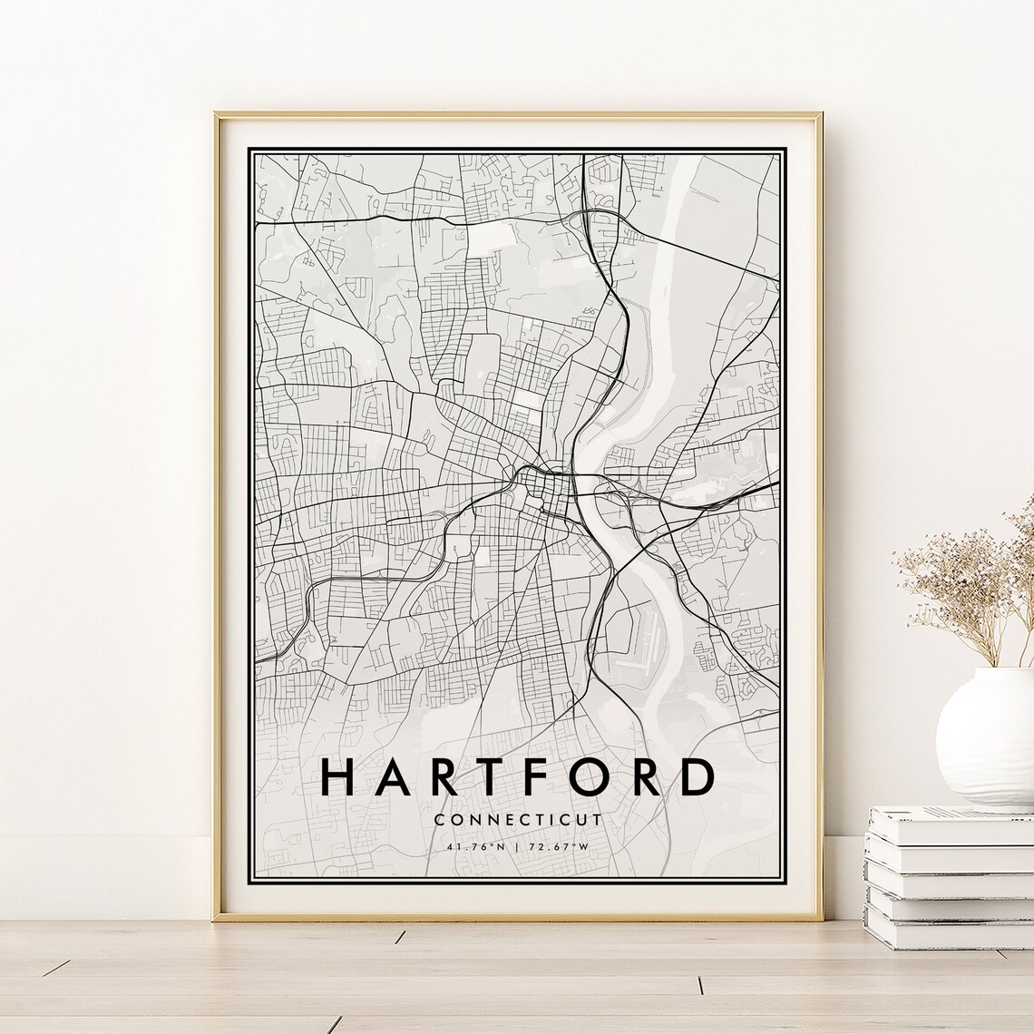 Hartford Connecticut Minimalist City Map Black White Street Line Poster