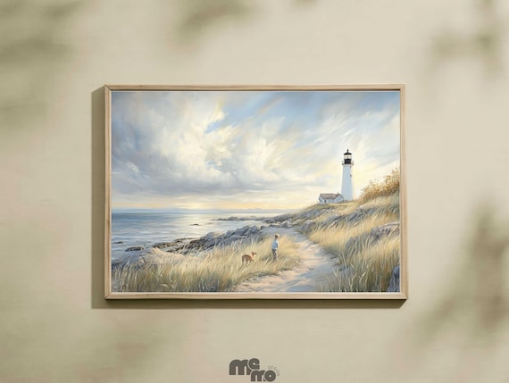 Lighthouse Boy And Dog Wall Art Coastal Seaside Walk Ocean View Decor Nautical Nursery Gift