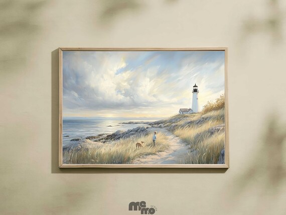 Lighthouse Coastal Path Boy Walking His Dog Seaside Art Print