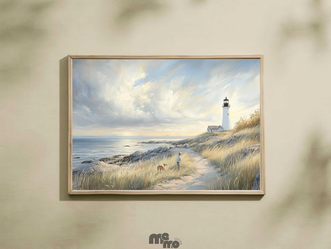Lighthouse Coastal Path Boy Walking His Dog Seaside Art Print