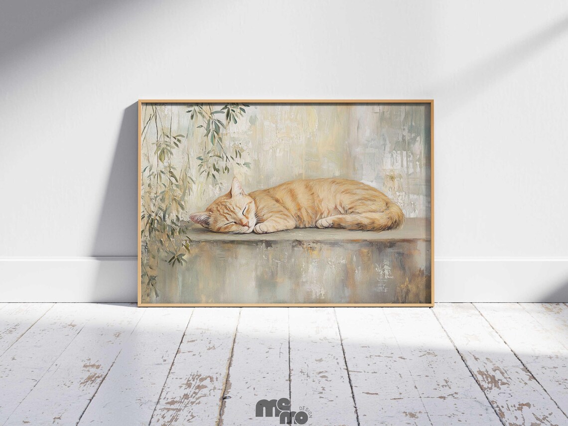 Sleeping Orange Tabby Cat, Minimalist Rustic Art Print - Image 6