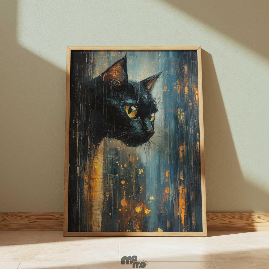 Black Cat Portrait in Moody Abstract Teal City Lights Wall Art