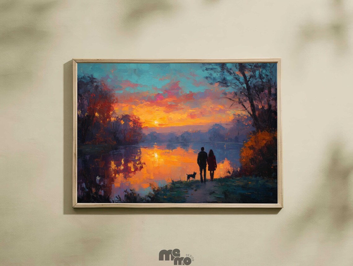 Romantic Couple with Dog Sunset Lake Impressionist Oil Painting Poster
