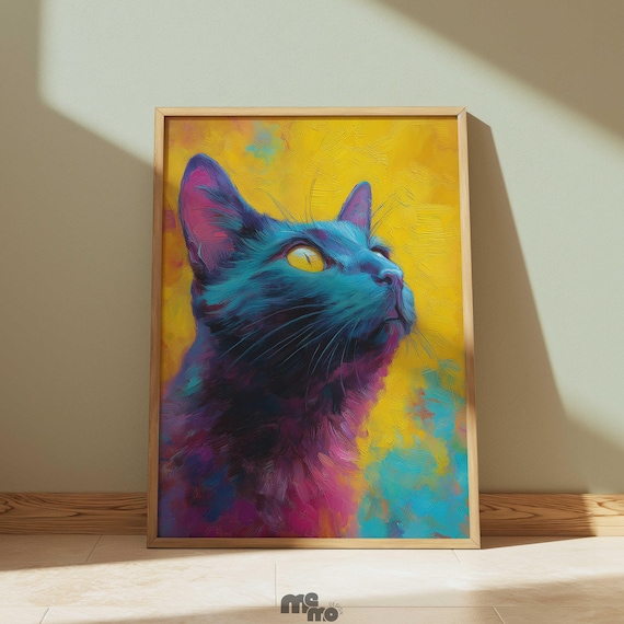 Colorful Black Cat Oil Painting Portrait Vibrant Feline Wall Art