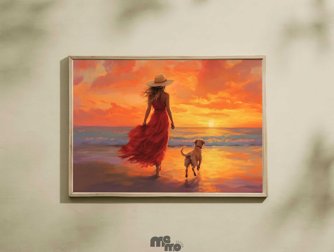 Woman Red Dress Golden Retriever Beach Sunset Painting Poster
