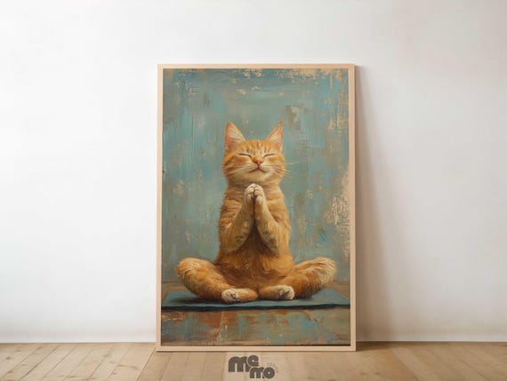 Funny Meditating Cat Oil Painting Poster Orange Tabby Yoga Wall Art Cute Pet Lover Gift For Relaxing Decor In Bedroom Or Room