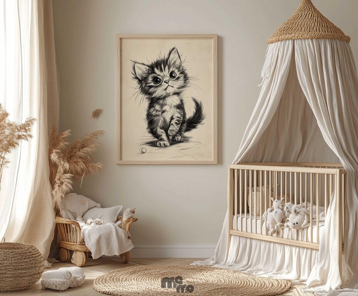 Cute Kitten Boho Sketch, Nursery Animal Decor - Image 6
