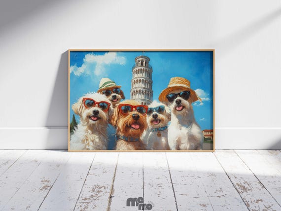 Funny Dog Pisa Wall Art Italy Landmark Pet Print Sunglasses Group Oil Painting Travel Lover Gift Home Decor