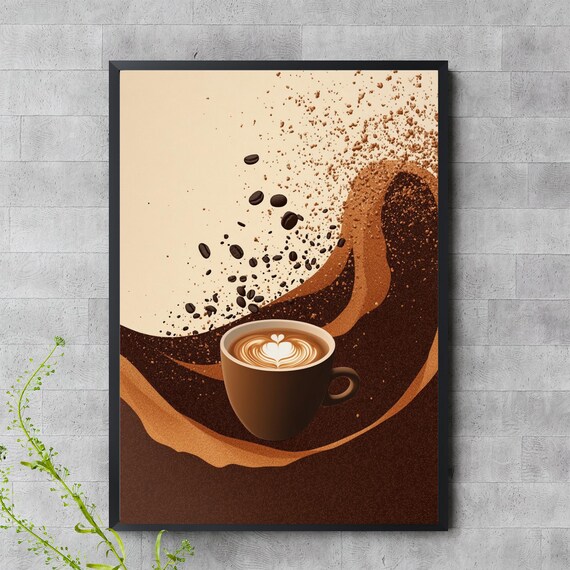 Latte Art Coffee Cup Splashing Wave Coffee Beans Kitchen Poster