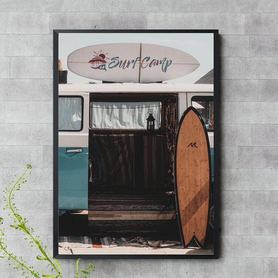 Vintage Retro Surf Camp Van Wooden Surfboard Beach Camper Wall Art