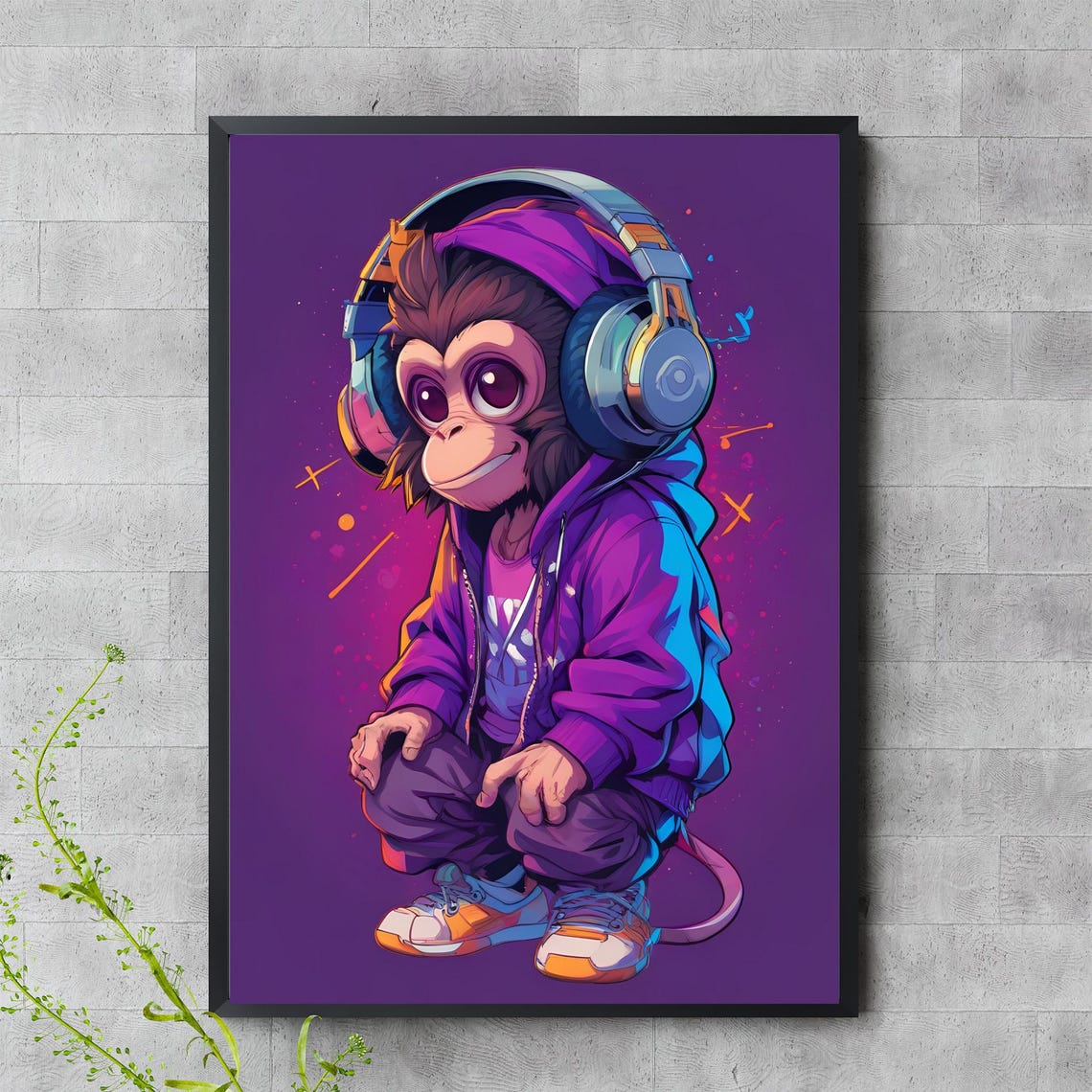 Cool Monkey Art Print Hip Hop With Headphones Wall Jpeg