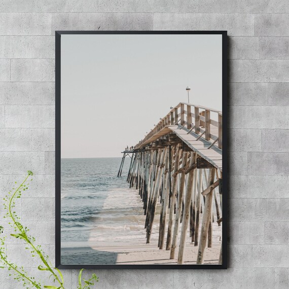 Weathered Wooden Ocean Pier Over Rolling Waves Coastal Photo Print
