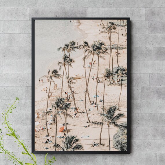 Waikiki Beach Tall Palm Trees Aerial Sandy Shores Tropical Photo Print