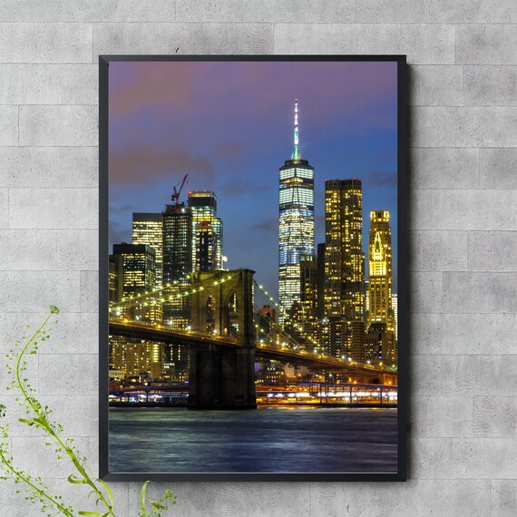 Brooklyn Bridge Night Wall Art New York City Skyline One World Trade Center Print