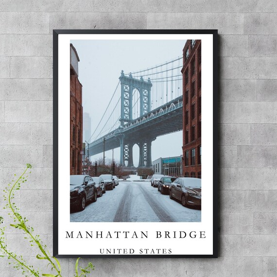 Manhattan Bridge Winter Print New York City Snow Wall Art Brooklyn Cityscape Poster Usa Travel Photography
