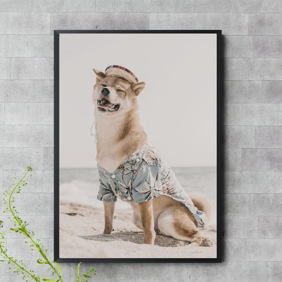 Funny Dog Beach Wall Art Shiba Inu In Hawaiian Shirt Print