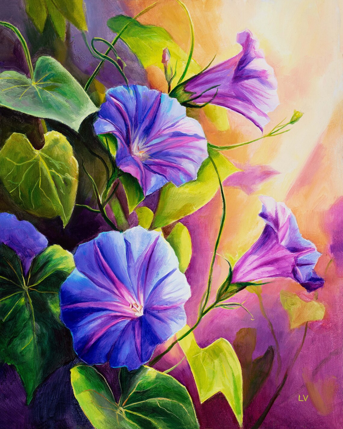 Blue Morning Glory Flowers in Sunlight Oil Painting Floral Poster - Image 6