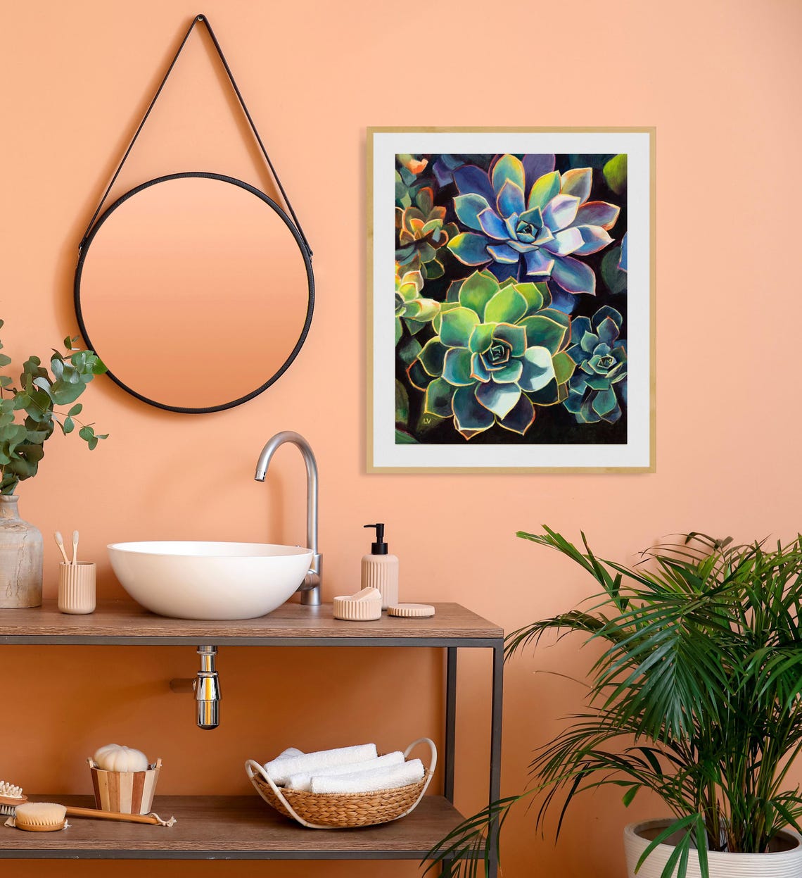 Blue and Green Succulent Cluster Oil Painting Botanical Print - Image 2