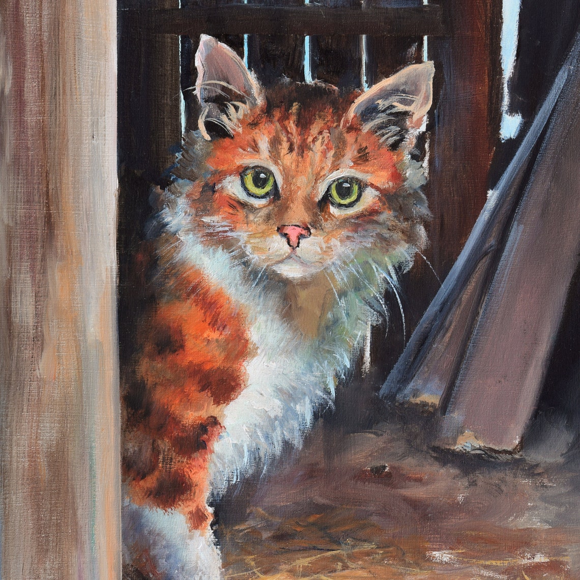 Orange Tabby Cat with Green Eyes in a Rustic Barn Doorway Poster - Image 5