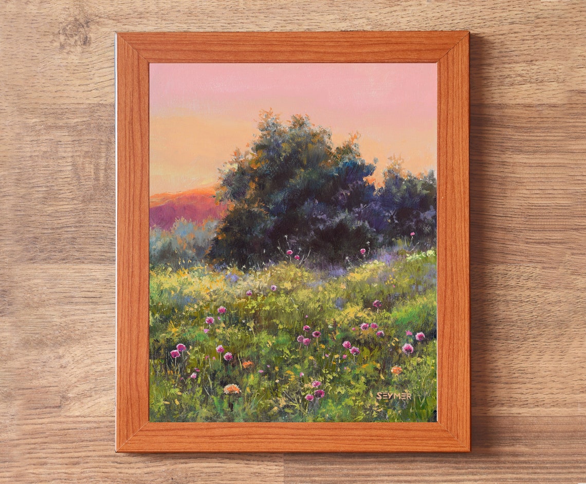 Wildflower Meadow at Sunset beside a Large Leafy Shade Tree Poster - Image 5