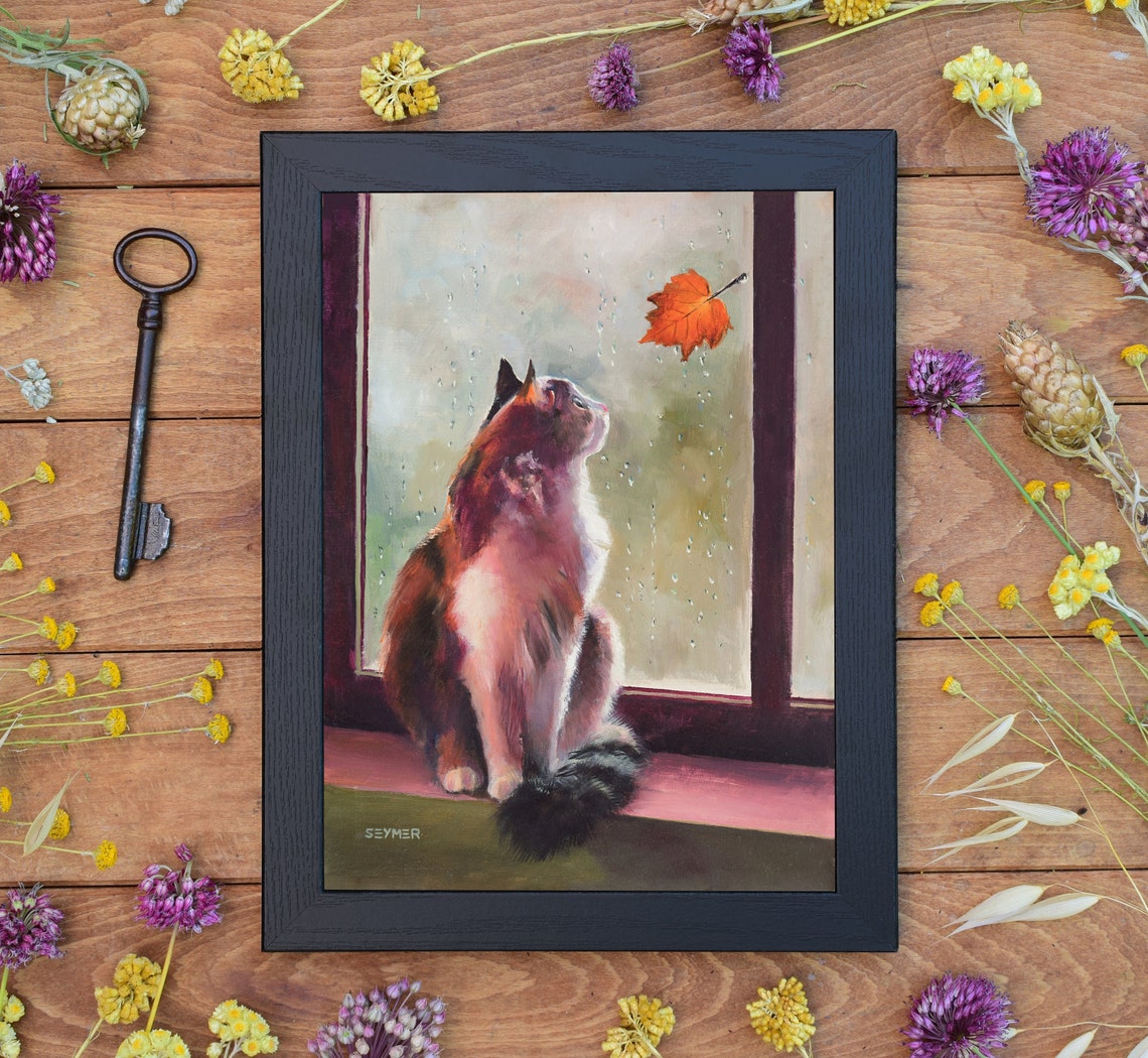 Cat Watching an Orange Maple Leaf on a Rainy Windowpane Poster - Image 6