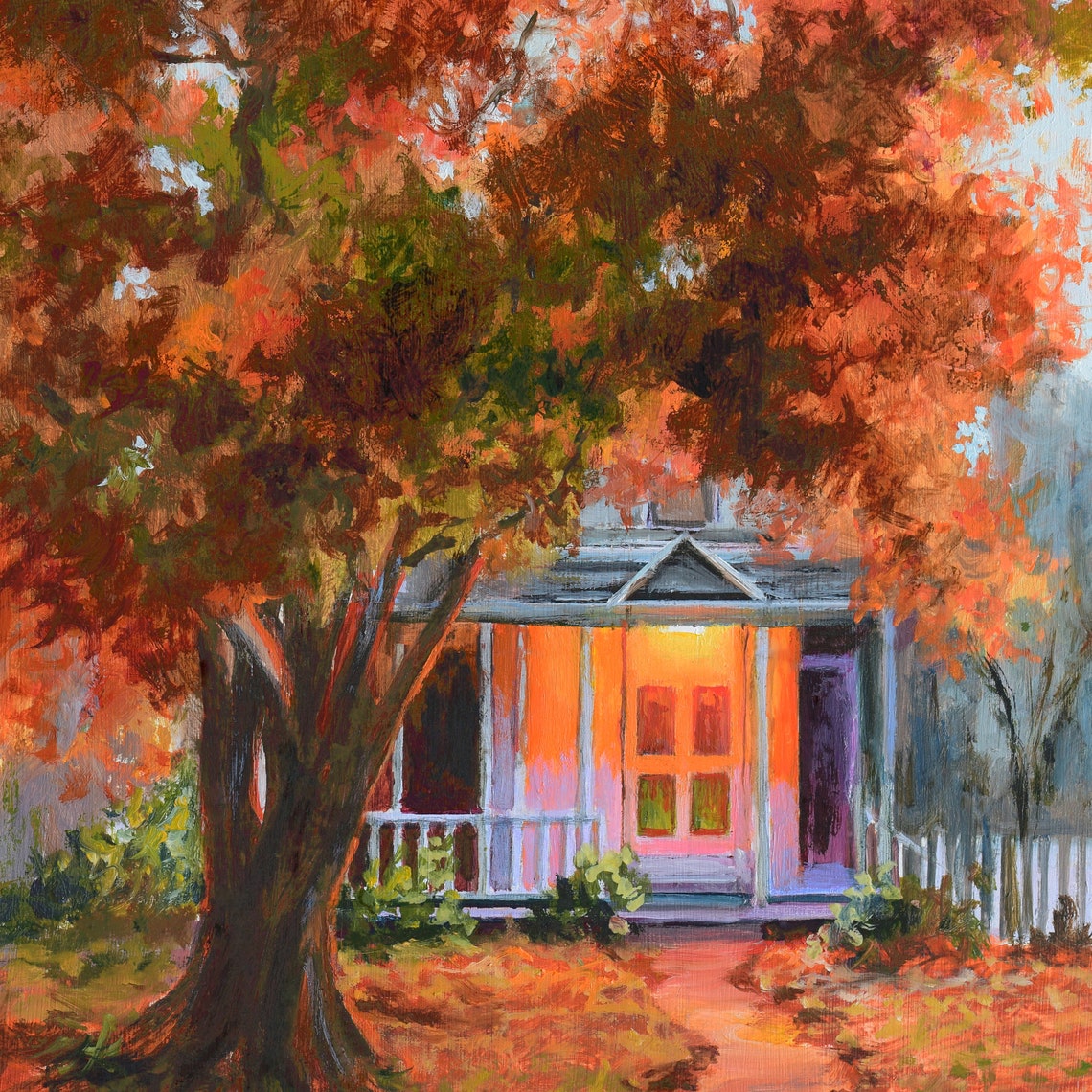 Cozy Little Autumn Cottage Glowing Warmly at Dusk Among Trees Poster - Image 2