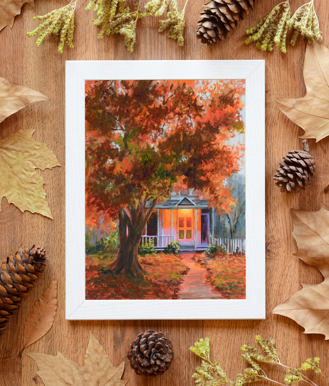 Cozy Little Autumn Cottage Glowing Warmly at Dusk Among Trees Poster - Image 4