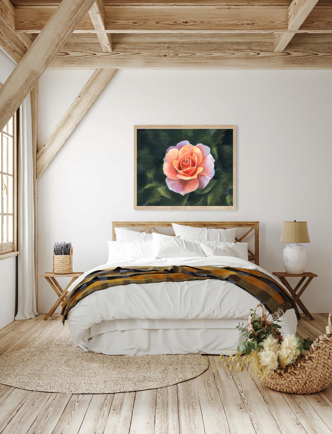 Delicate Peach Garden Rose in Full Bloom Oil Painting Floral Poster - Image 2