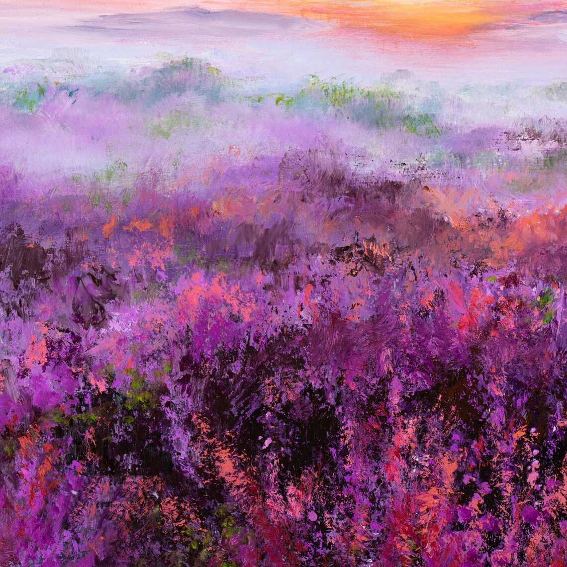Purple Heather Field at Sunrise Oil Painting Landscape Poster - Image 2