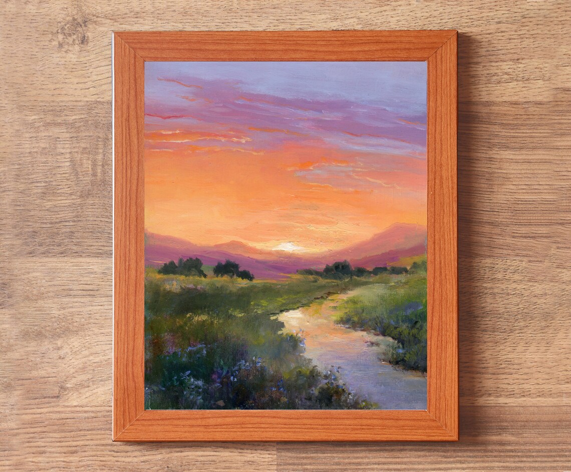Vintage Sunset Valley With Winding River And Pink Mountains Poster - Image 2