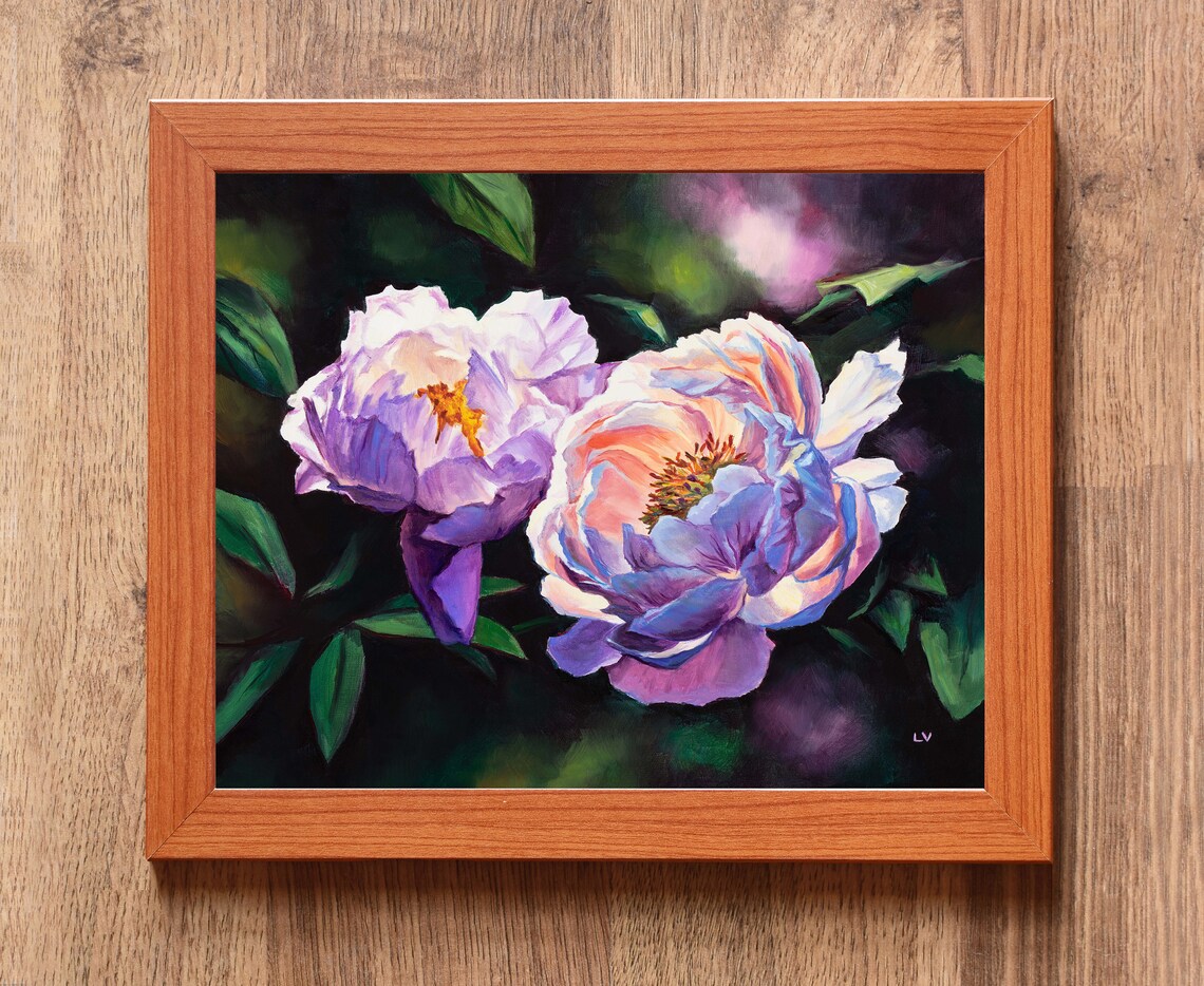 Pink And Lavender Peonies In Full Bloom Close Up Floral Art Poster - Image 2