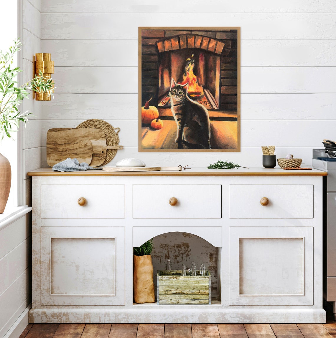 Tabby Cat By Fireplace Autumn Oil Painting With Pumpkins Poster - Image 2